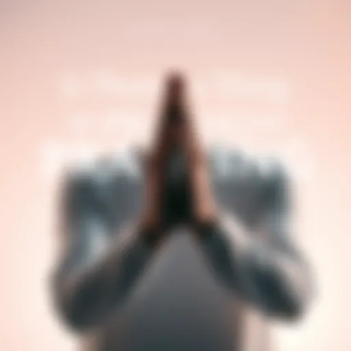 Individual in a serene pose, hands clasped in prayer, against a soft light background.