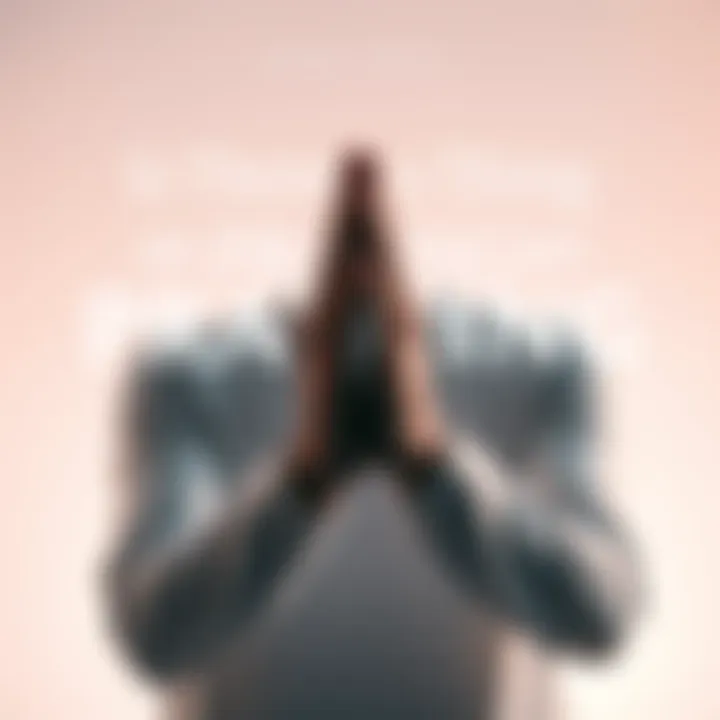 Individual in a serene pose, hands clasped in prayer, against a soft light background.