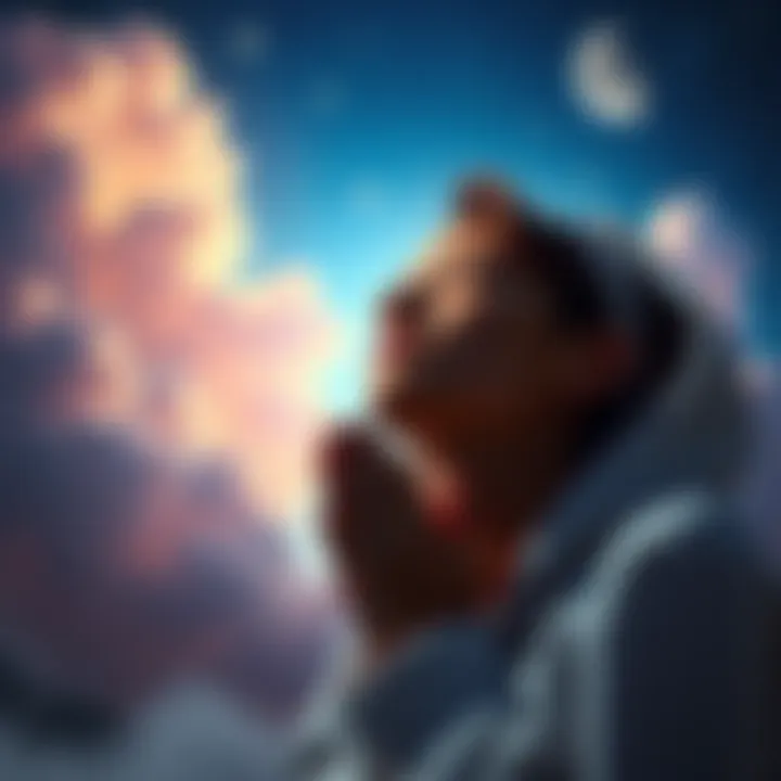 A person with closed eyes, hands clasped in prayer, surrounded by soft clouds and stars representing a dream world.