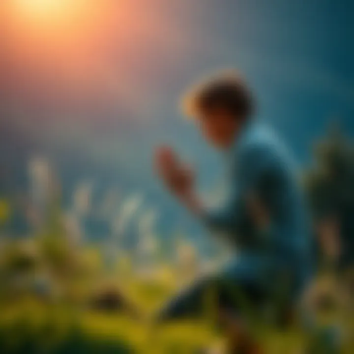 A person kneeling in a serene natural setting, hands clasped in prayer, symbolizing faith overcoming fear.