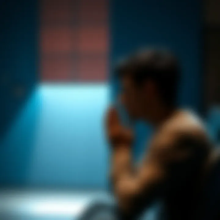 Individual sitting in a quiet space, hands clasped in prayer while looking troubled, representing the struggle of OCD and spiritual practices