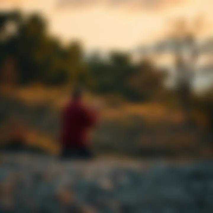 A person kneeling and praying in a calm environment, surrounded by nature, seeking faith and truth amid political chaos