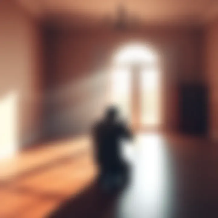 A person kneeling in a peaceful room, hands clasped together in prayer, with soft light filtering in through a window.