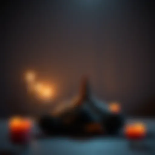 A person sitting peacefully with hands clasped in prayer, surrounded by candles and soft light, reflecting a moment of emotional comfort during distress.
