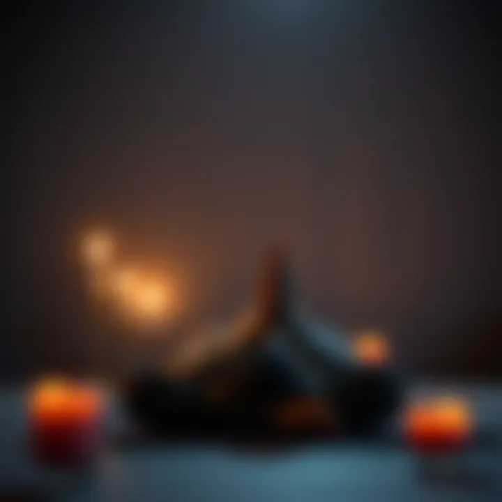 A person sitting peacefully with hands clasped in prayer, surrounded by candles and soft light, reflecting a moment of emotional comfort during distress.