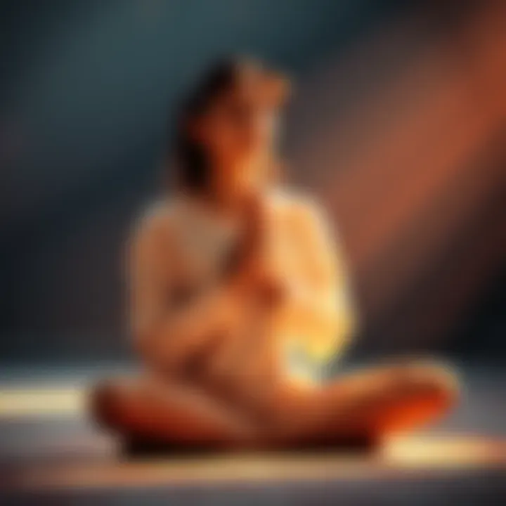 A person sitting cross-legged with eyes closed, hands clasped in prayer, surrounded by soft light, reflecting a calm mood