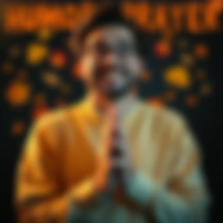 A person with a joyful expression, hands clasped in prayer, surrounded by lighthearted imagery of humor and gratitude