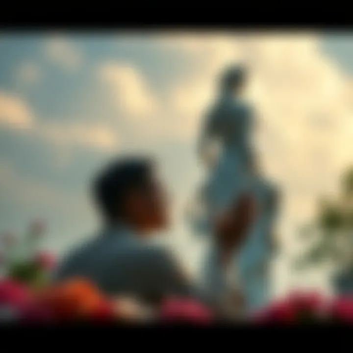 Individual in a serene setting, praying with hands clasped in front of a statue of Aphrodite, surrounded by flowers, expressing calm.