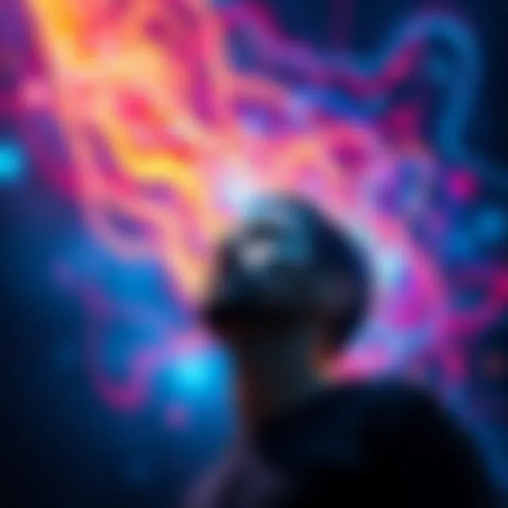 A person looking contemplative, surrounded by swirling colors representing visions of potential futures.