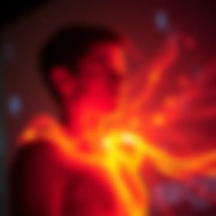 A person experiencing projection, feeling warmth and glowing light around them, representing body heat changes during the experience.