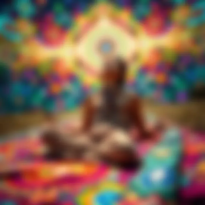 A person sitting on a colorful blanket, eyes closed, surrounded by vibrant patterns and shapes representing a psychedelic experience, symbolizing a communication with higher consciousness.