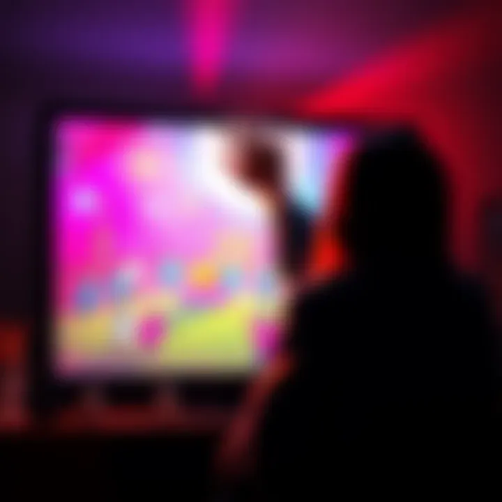A person reaching into a glowing television screen, becoming part of the scene inside the TV, with colorful characters surrounding them