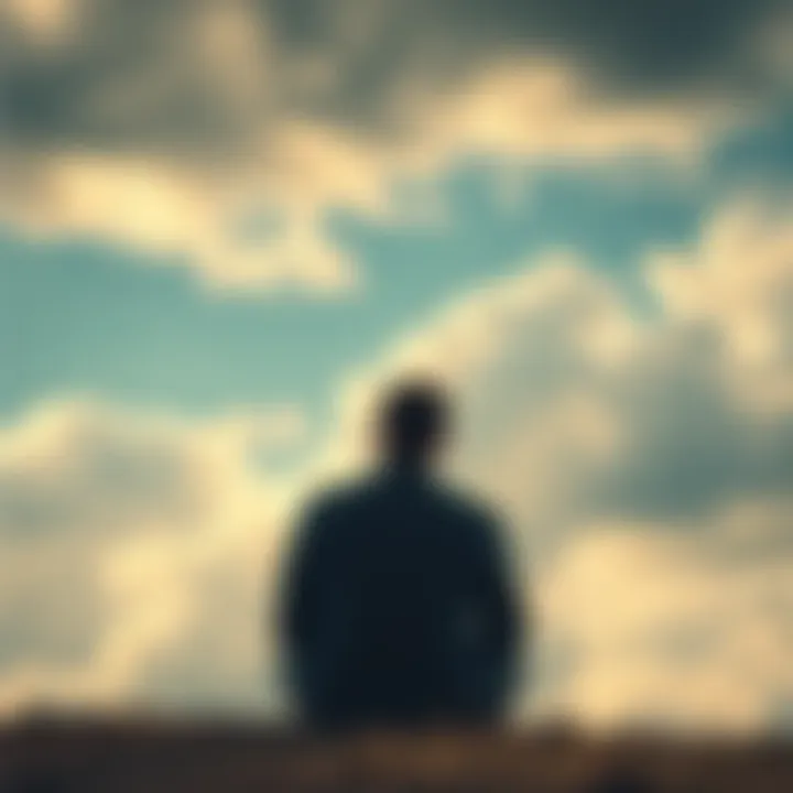 A person sits alone with a worried expression, looking up at a cloudy sky, symbolizing doubt and reflection on their beliefs.