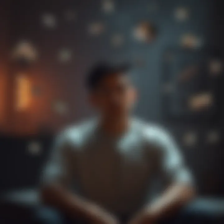 A person sitting in a dimly lit room with a thoughtful expression, surrounded by floating translucent images that represent memories and thoughts, creating a dream-like atmosphere