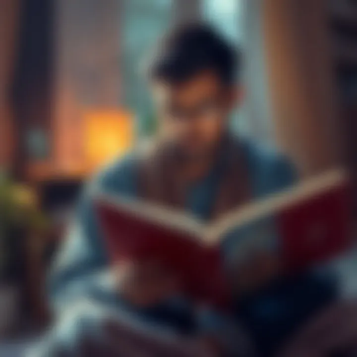 Person reading about Advaita Vedanta A curious person reading a book on Advaita Vedanta with notes and a cup of tea, exploring new ideas in spirituality