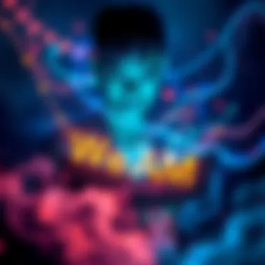 A person intently reading glowing text about artificial intelligence in a dreamlike setting, surrounded by swirling colors and abstract shapes.