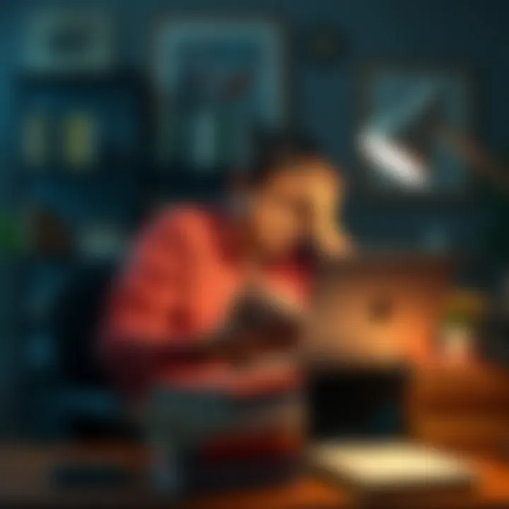A person sitting at a desk with a laptop and a stack of books, looking frustrated while searching for GOM books online.