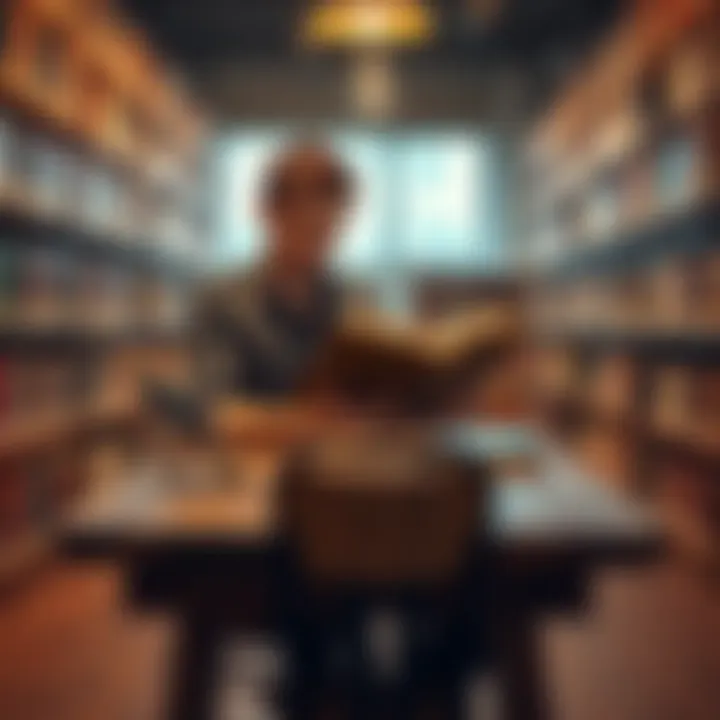 A person sitting at a wooden table in a library, reading a book with a thoughtful expression.