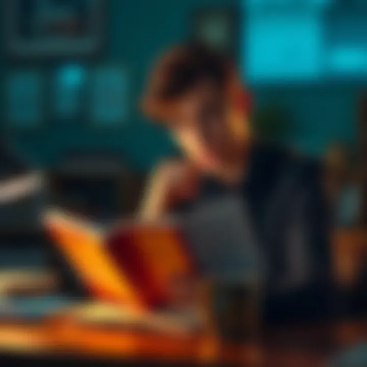 A person sitting at a desk, deeply engaged in reading a self-help book, reflecting a mix of curiosity and apprehension on their face.