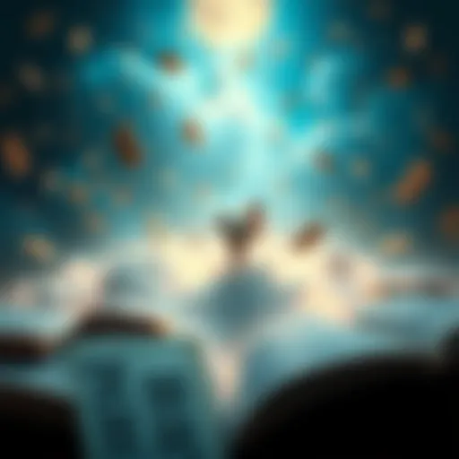 A person floating in a dreamy landscape surrounded by open books and floating letters, depicting the act of reading in dreams.