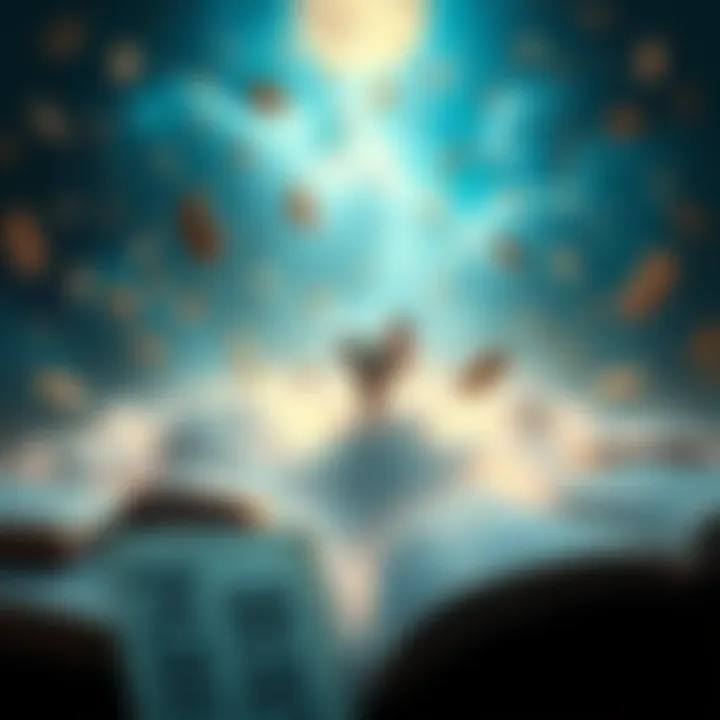 A person floating in a dreamy landscape surrounded by open books and floating letters, depicting the act of reading in dreams.
