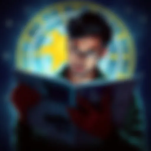 A person looks puzzled while reading a horoscope in a magazine, surrounded by astrological symbols and charts.