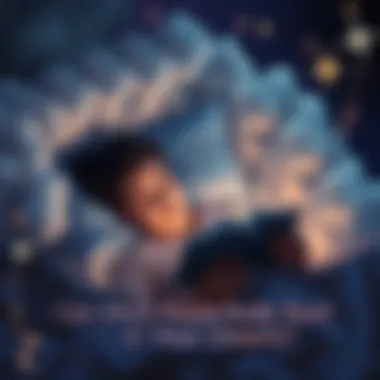 A person appears to read an open book while sleeping, surrounded by dream-like elements like clouds and stars.