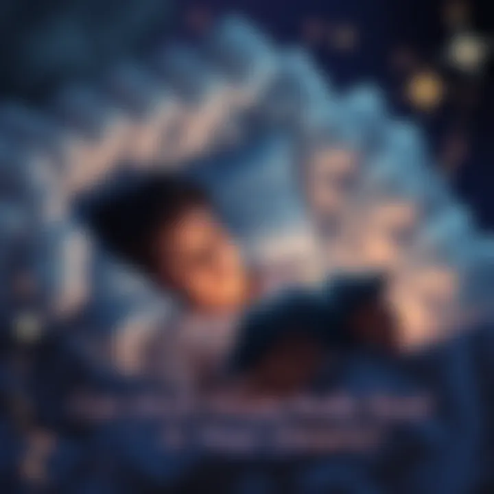 A person appears to read an open book while sleeping, surrounded by dream-like elements like clouds and stars.