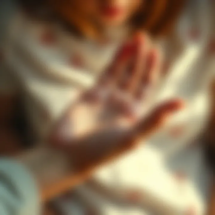 A person examining their palm with focus on lines representing love and career, surrounded by soft lighting