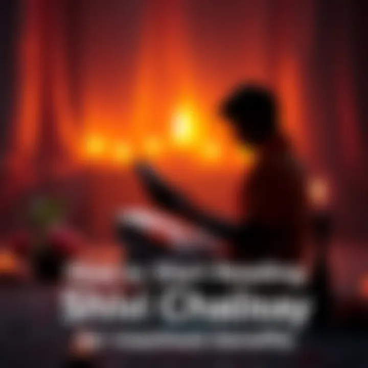 A person sitting in a peaceful setting, reading Shiv Chalisa from a book, with candles and flowers around them.