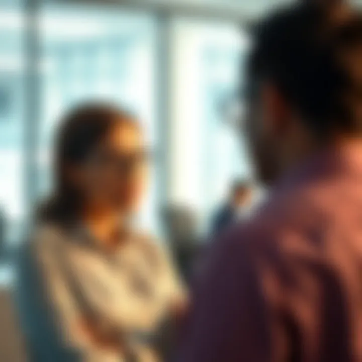 A person listens attentively while another gives constructive feedback in a bright office setting.