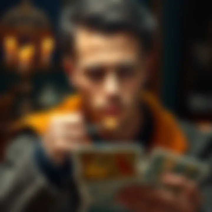 Individual looking at tarot cards with a thoughtful expression
