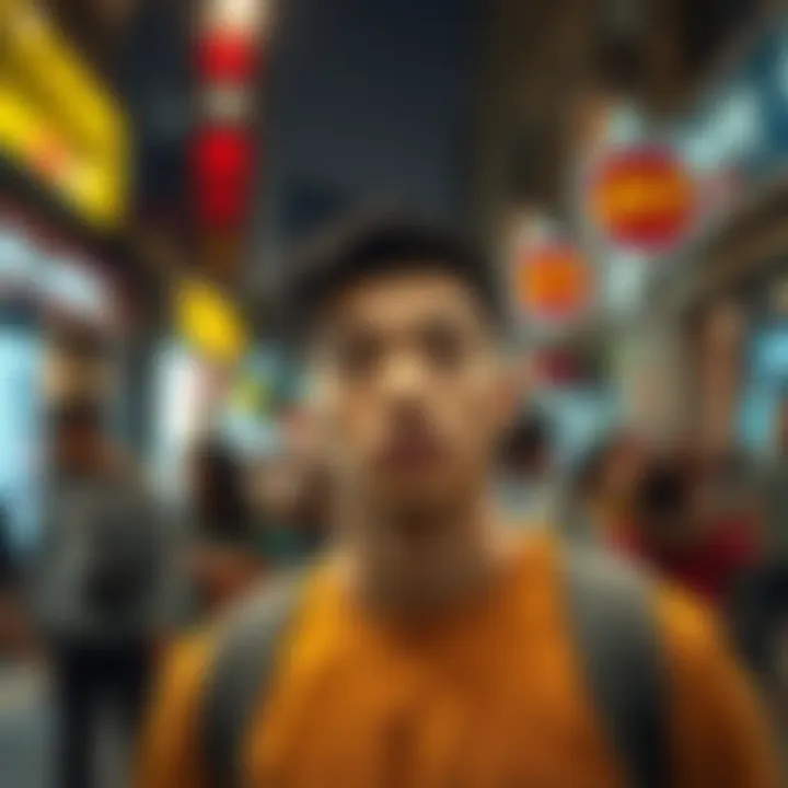A person looking surprised as they see someone they recognize from a dream in a busy street setting.