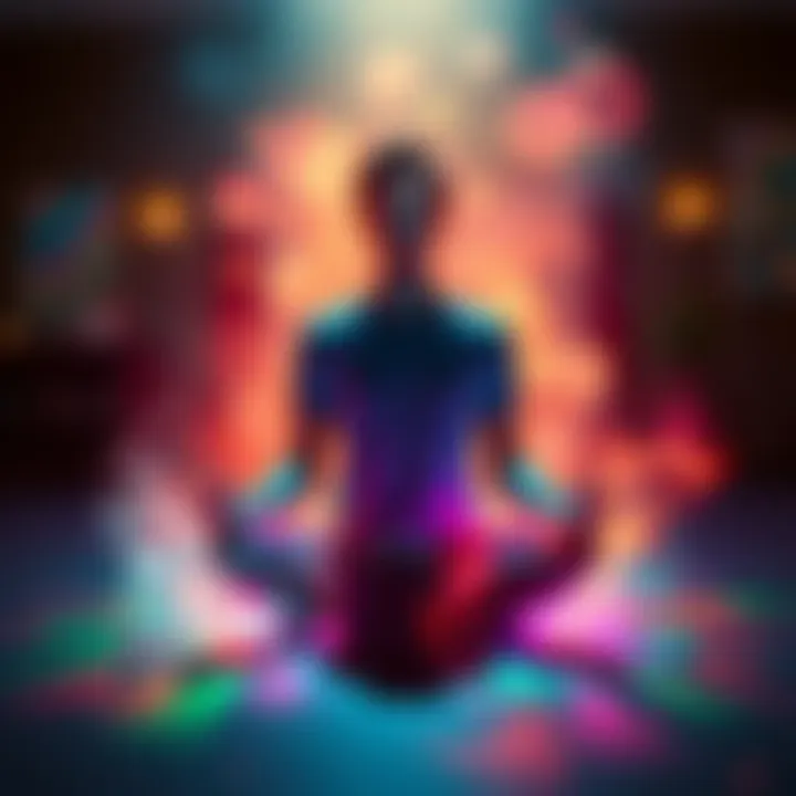 A person sitting cross-legged on the floor with closed eyes, surrounded by a warm glow and vibrant colors while meditating to regain energy.