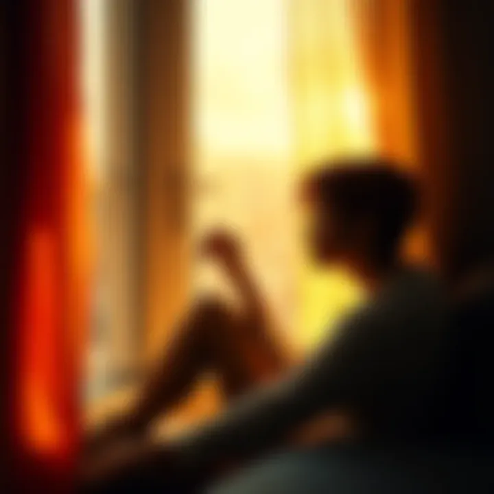 A person sitting with a thoughtful expression, looking out a window, surrounded by soft lighting to convey a sense of reflection, highlighting the emotional journey of moving on after a breakup.