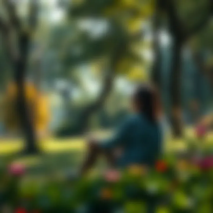 Person Reflecting Alone A person sitting quietly in a park, lost in thought with trees and flowers around them, conveying feelings of isolation and self-awareness.