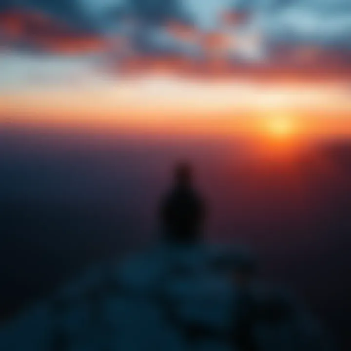A person sits on a cliff at sunset, gazing into the distance with a thoughtful expression, symbolizing isolation and awakening.