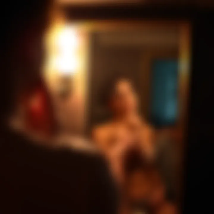 Individual looking thoughtfully in a mirror, contemplating body image and self-acceptance