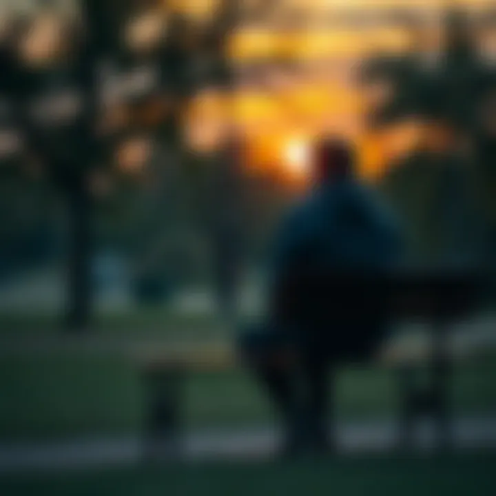 Person Reflecting After Breakup A person sitting on a park bench looking thoughtful and sad, with a view of the sunset in the background, symbolizing healing after a breakup.