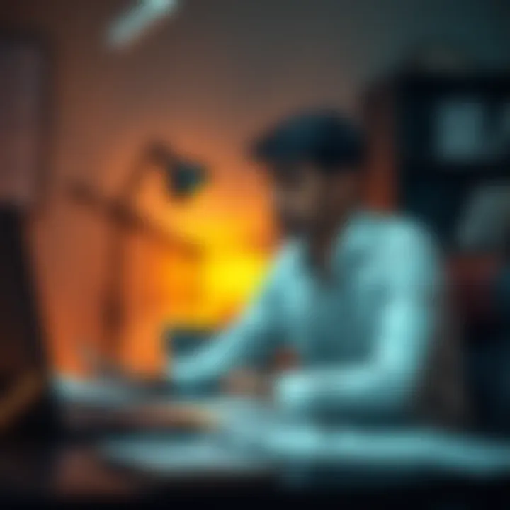 Individual looking thoughtful while sitting at a desk, surrounded by notes and a laptop, symbolizing self-reflection and personal growth in career and relationships