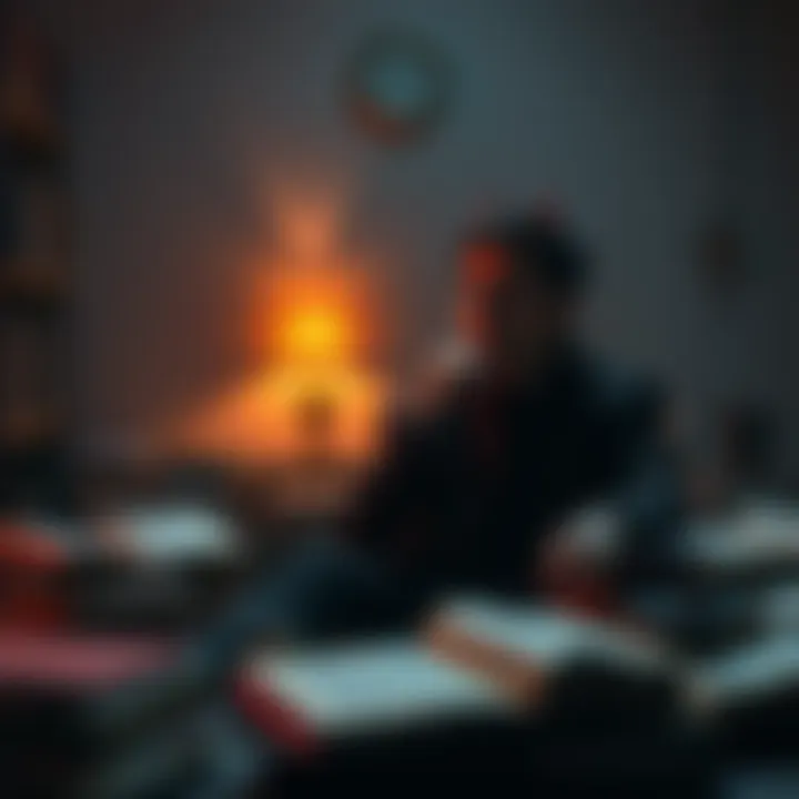 A person sitting in a dimly lit room, looking thoughtful while surrounded by books on demons and superstitions.