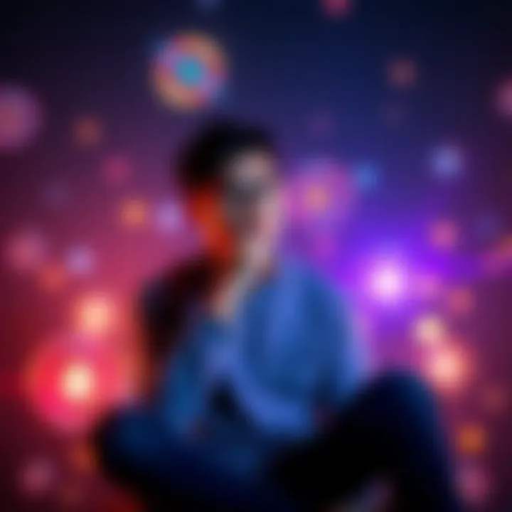 A person sitting with a thoughtful expression, surrounded by glowing orbs representing different energy readings, illustrating the struggle of interpreting energy connections.