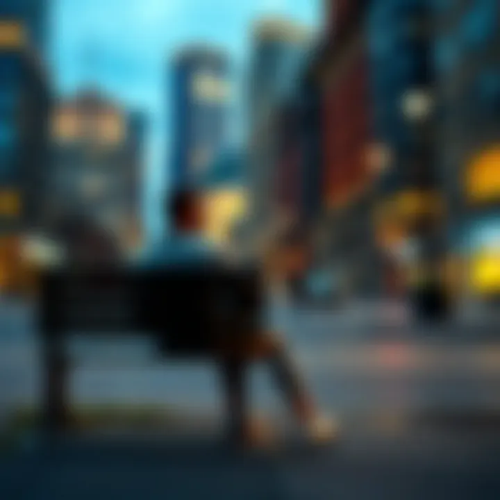 A person sitting on a park bench, looking contemplative while surrounded by city buildings, symbolizing the reality of poverty and mindset change.