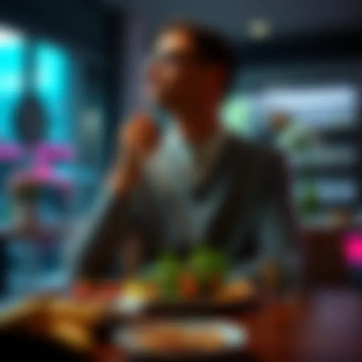A person sitting at a table with a plate of healthy food, looking thoughtful about their eating habits and emotional state.
