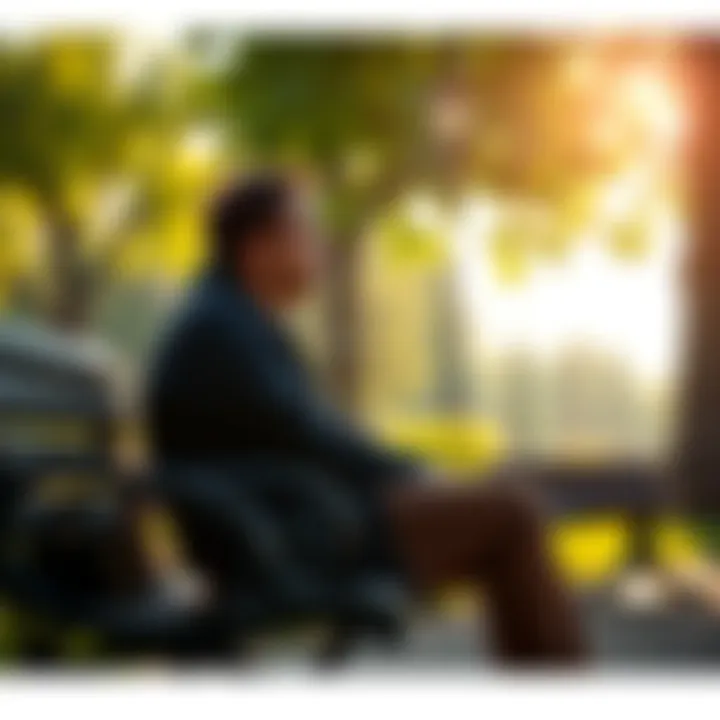 A person sitting on a park bench, looking thoughtful and hopeful, with trees and sunlight in the background, symbolizing a journey to happiness.