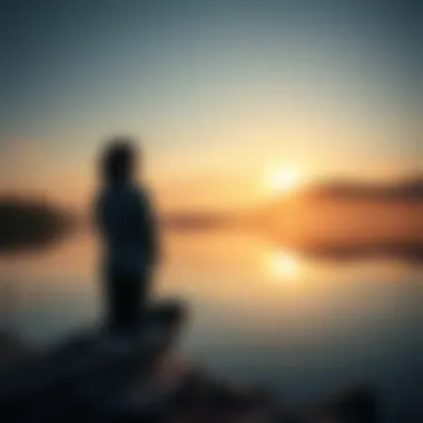 A person sitting peacefully by a calm lake, reflecting on their healing journey six years later, surrounded by nature.