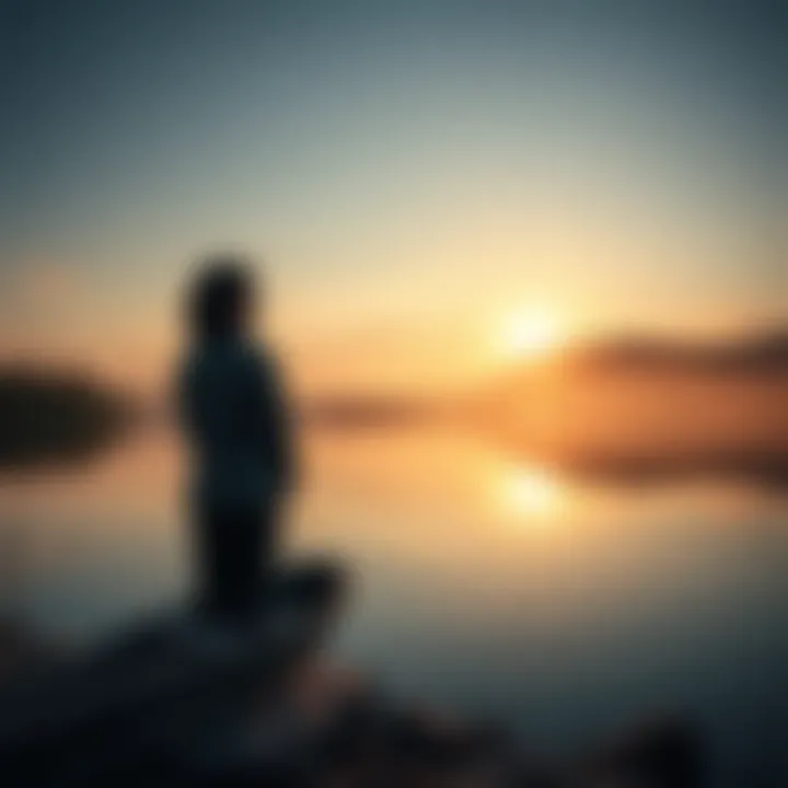 A person sitting peacefully by a calm lake, reflecting on their healing journey six years later, surrounded by nature.