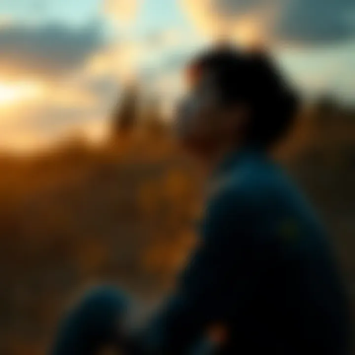 A person sitting quietly with their eyes closed, reflecting on their journey of overcoming trauma and healing, surrounded by nature.