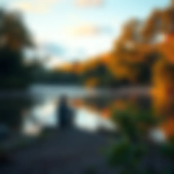 A person sitting alone in a serene natural setting, contemplating life and self-realization, surrounded by trees and calm waters.