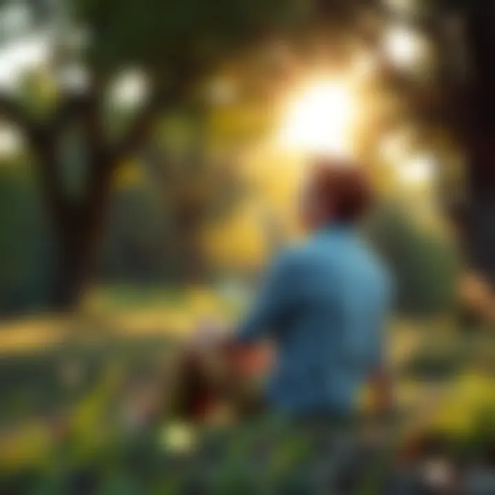 A person sitting peacefully in nature, surrounded by trees and sunlight, engaging in self-reflection during a free introspective reading session.